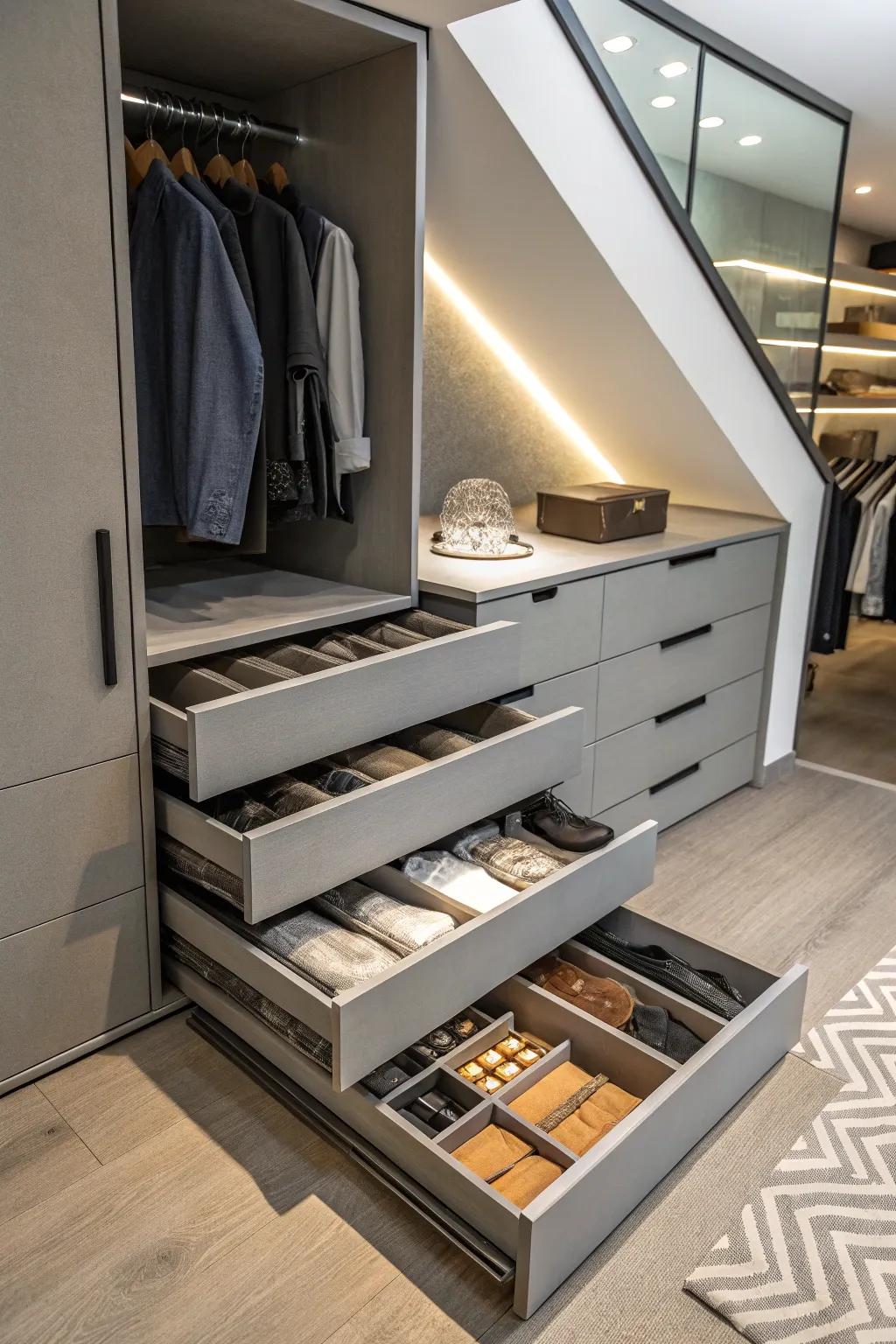 An adaptable drawer system providing organized storage in a compact space.