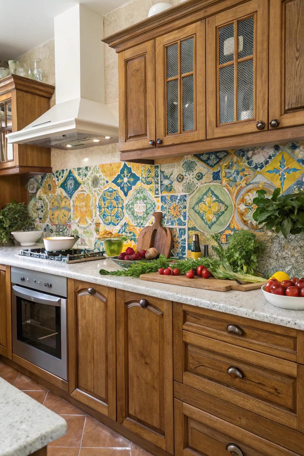A vibrant tile behind the cooktop includes an creative touch to this Italian cooking area.