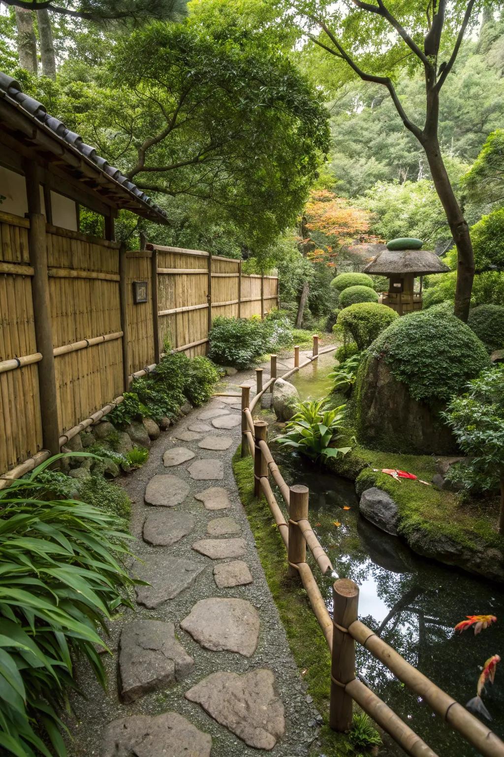 Reed fencing contributing framework and solitude to a Japanese garden.