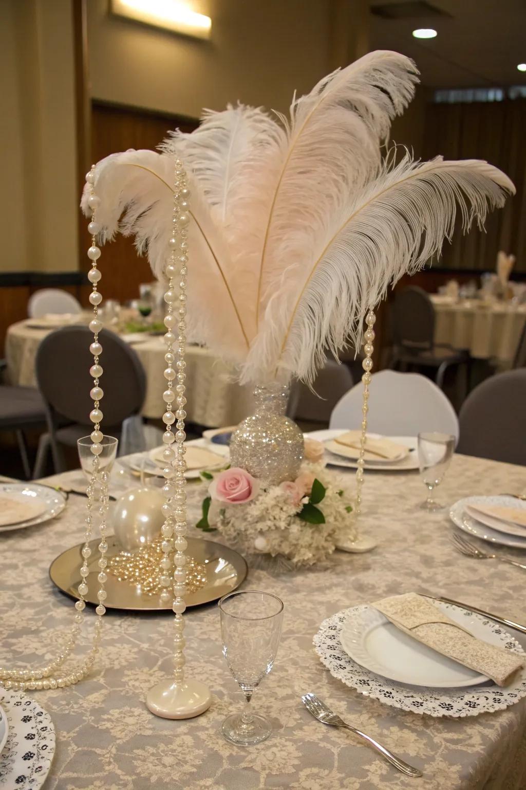 Feathers and gems bring classic elegance to your arrangement.