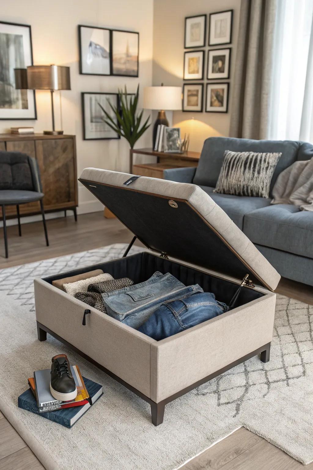 Achieve a combination of style and functionality by storing your jeans in a storage ottoman.