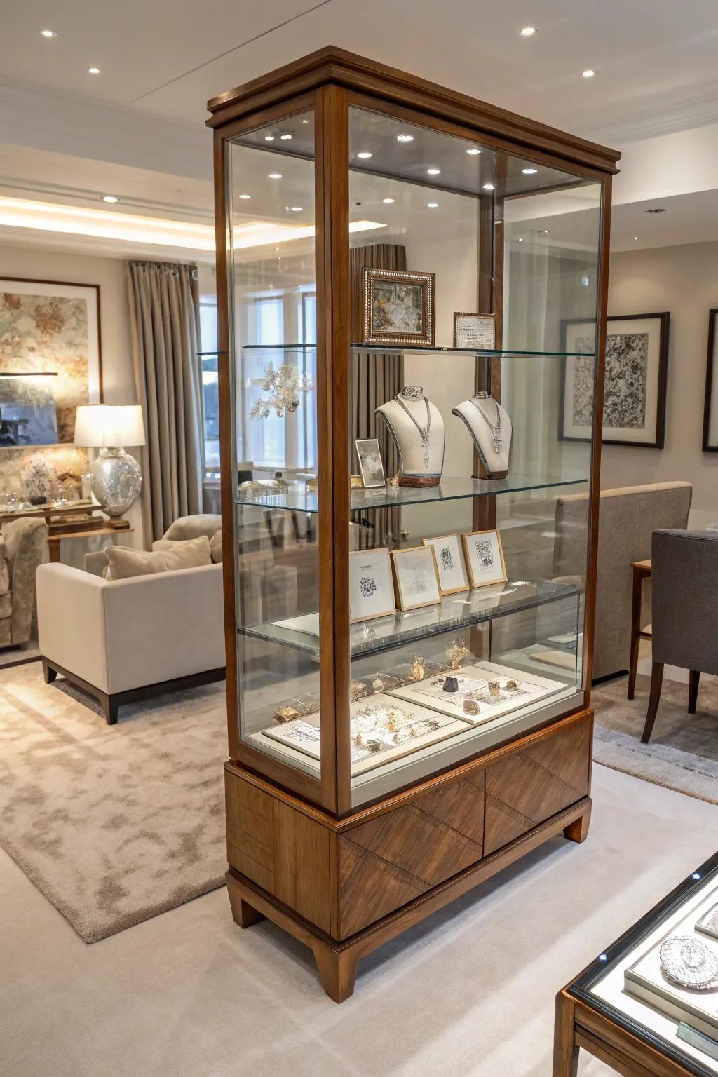 A glass and timber display case for fine jewelry