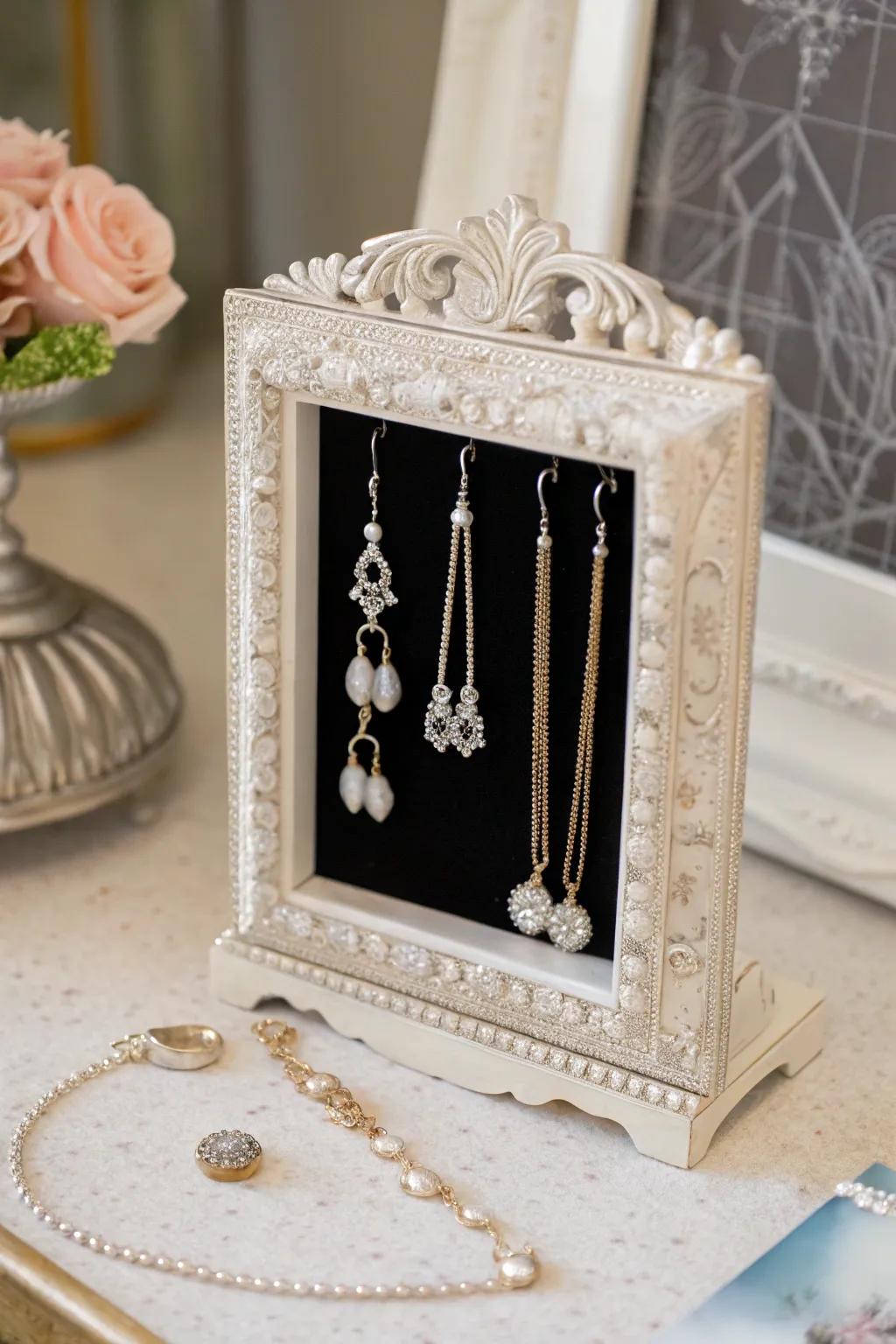 An artistic jewelry display that uses a photo casing
