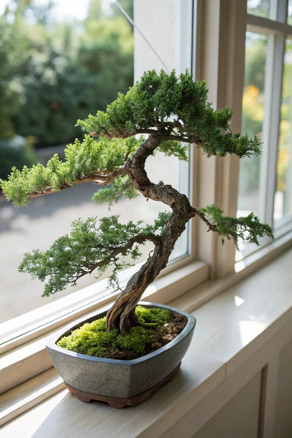A waterfall juniper bonsai gracefully draped across a vessel beside a sunlit portal.