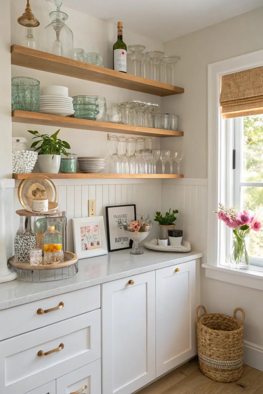 Open shelving adds storage and style to small kitchen bars.