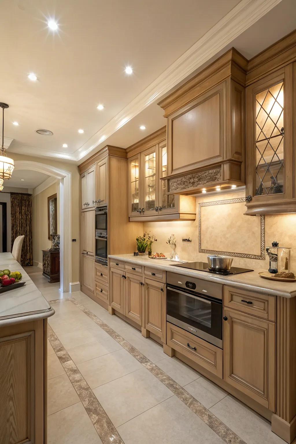 Warm neutral shades foster an intimate and sophisticated kitchen atmosphere.