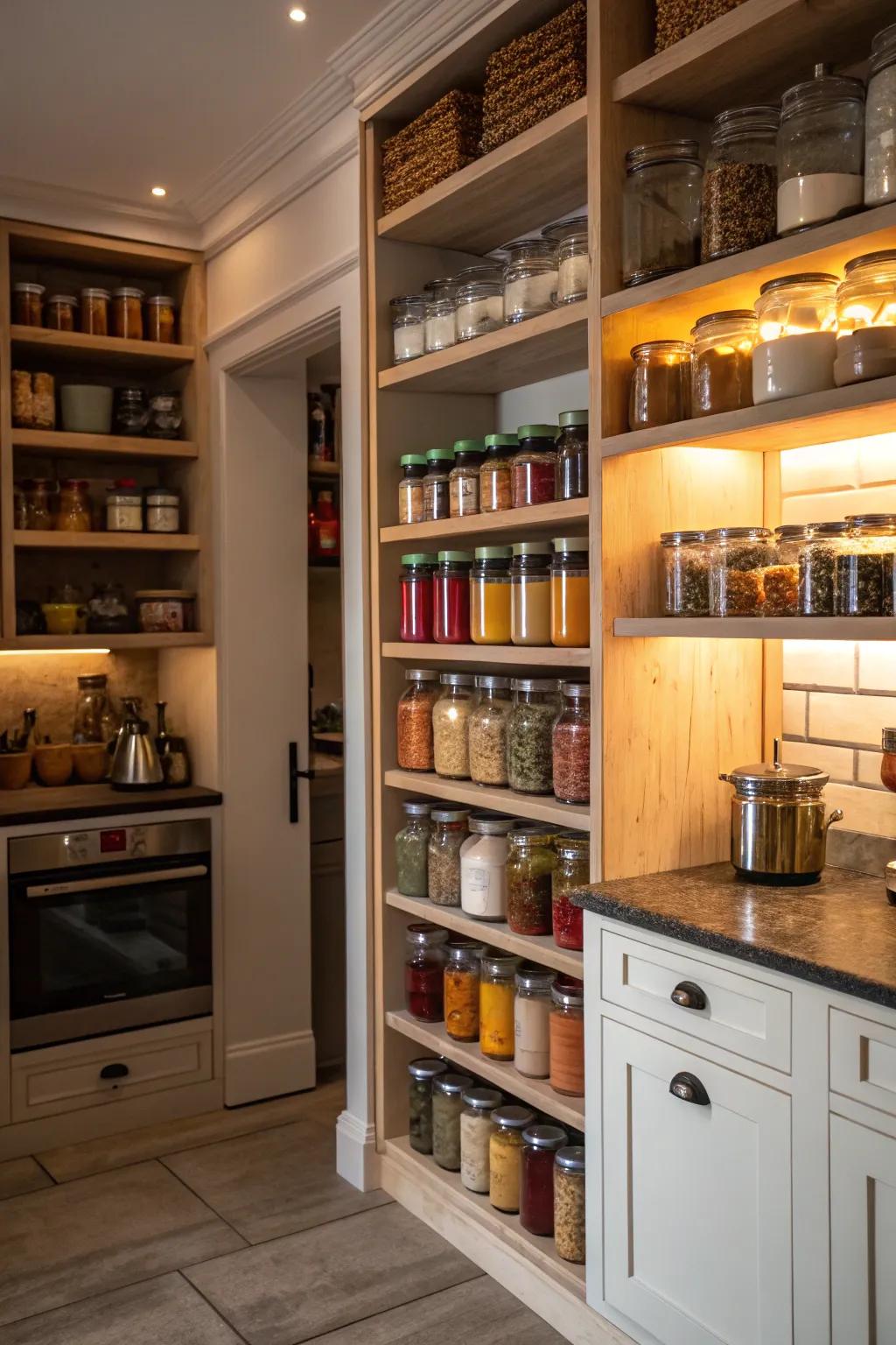 A corner pantry uses vertical space for maximal storage.