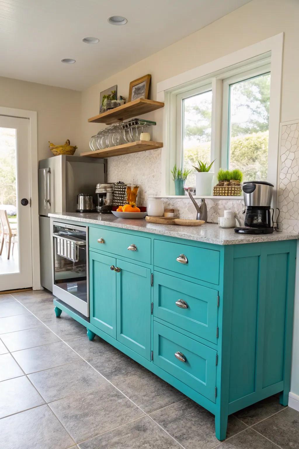 A bright teal sideboard brings vibrant color to this kitchen.