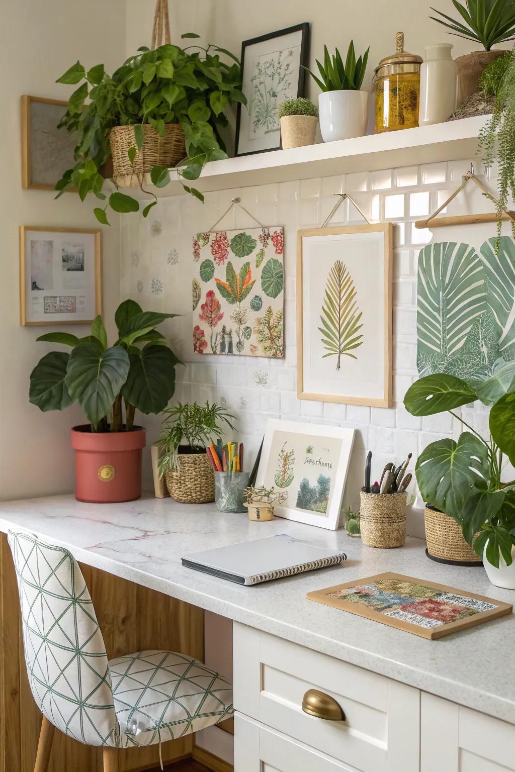 A kitchen desk space personalized with decorative plants and artwork.