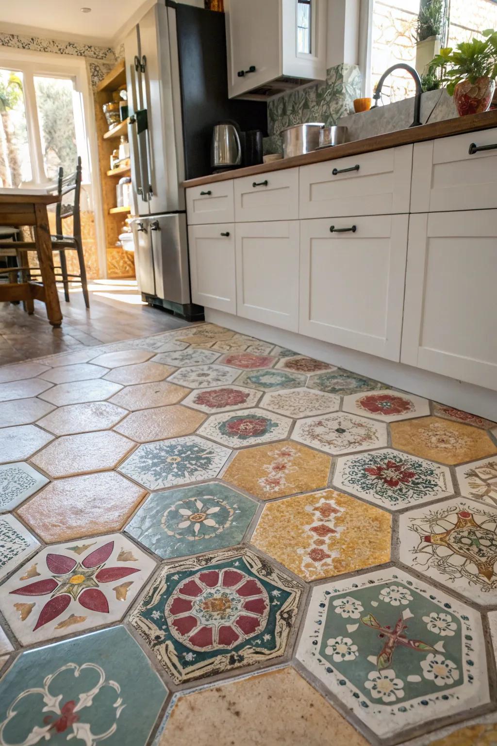 Forge a daring statement utilizing hexagon tiles within your cooking area.