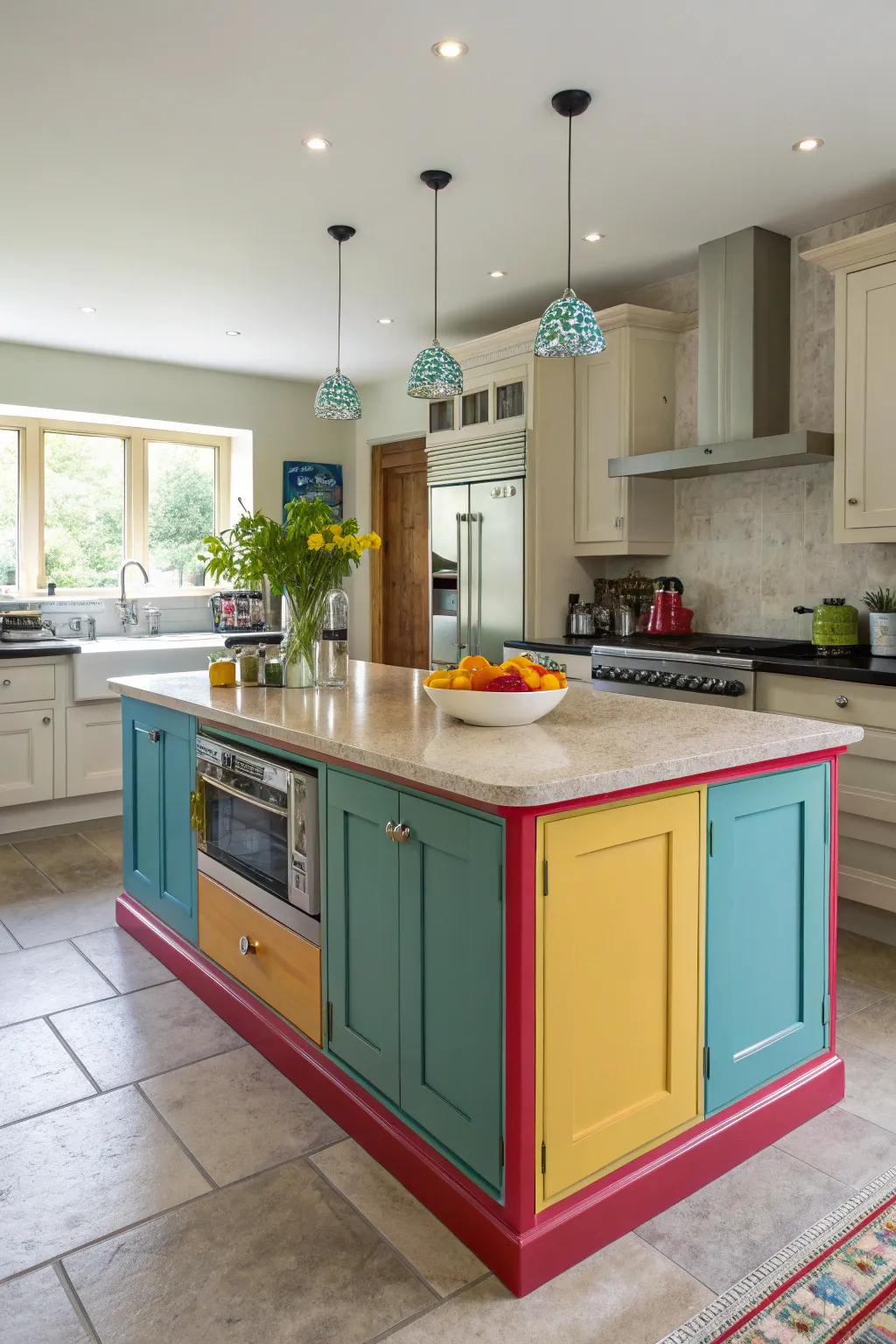 A kitchen island accentuated by bold trim shades for a lively expression.