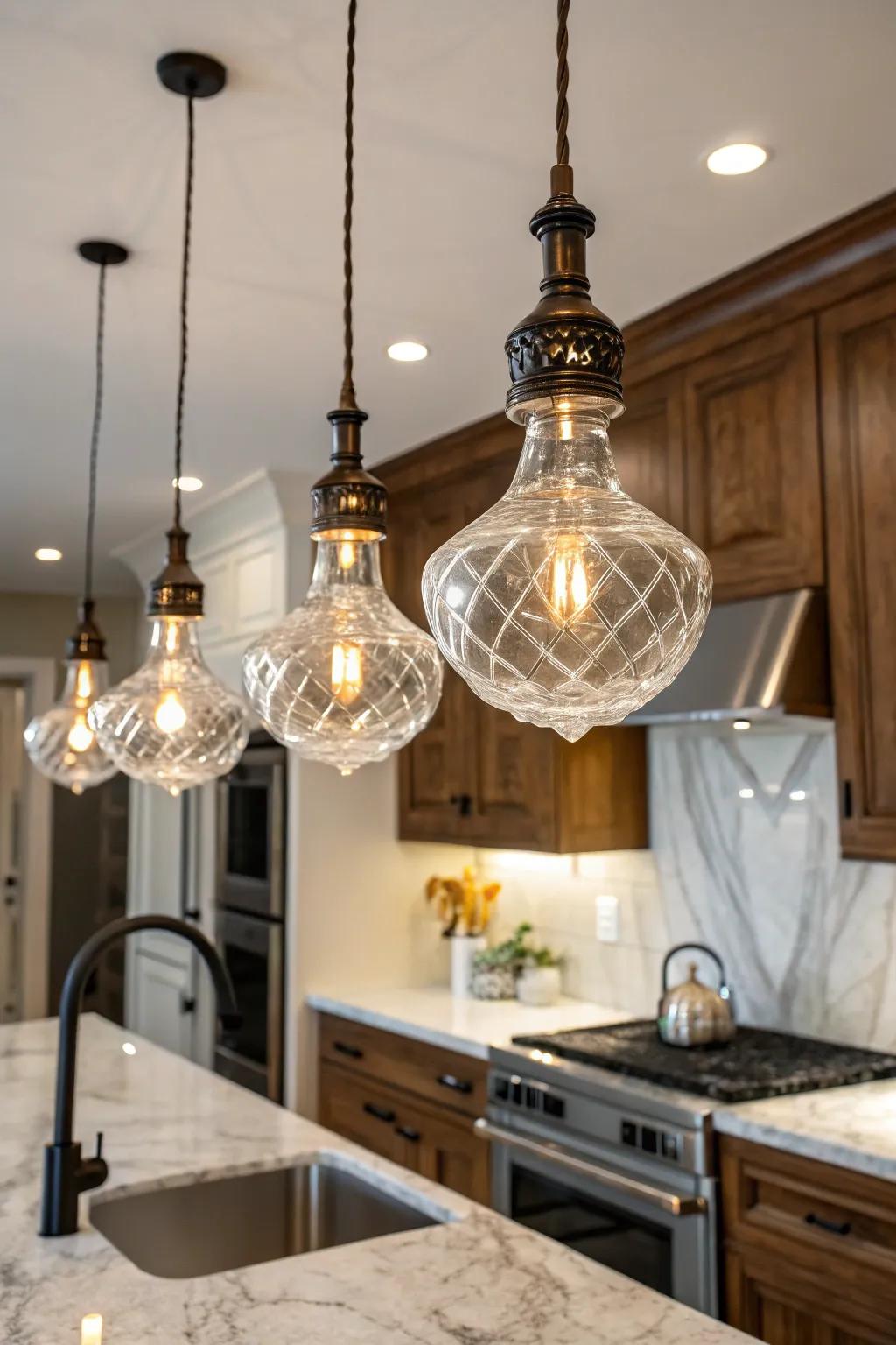 Glass luminaire designs impart an air of enduring elegance to this culinary space.