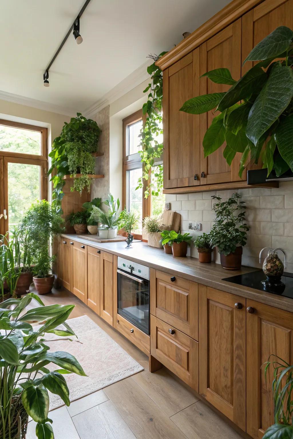 A kitchen featuring natural elements like wood and plants.