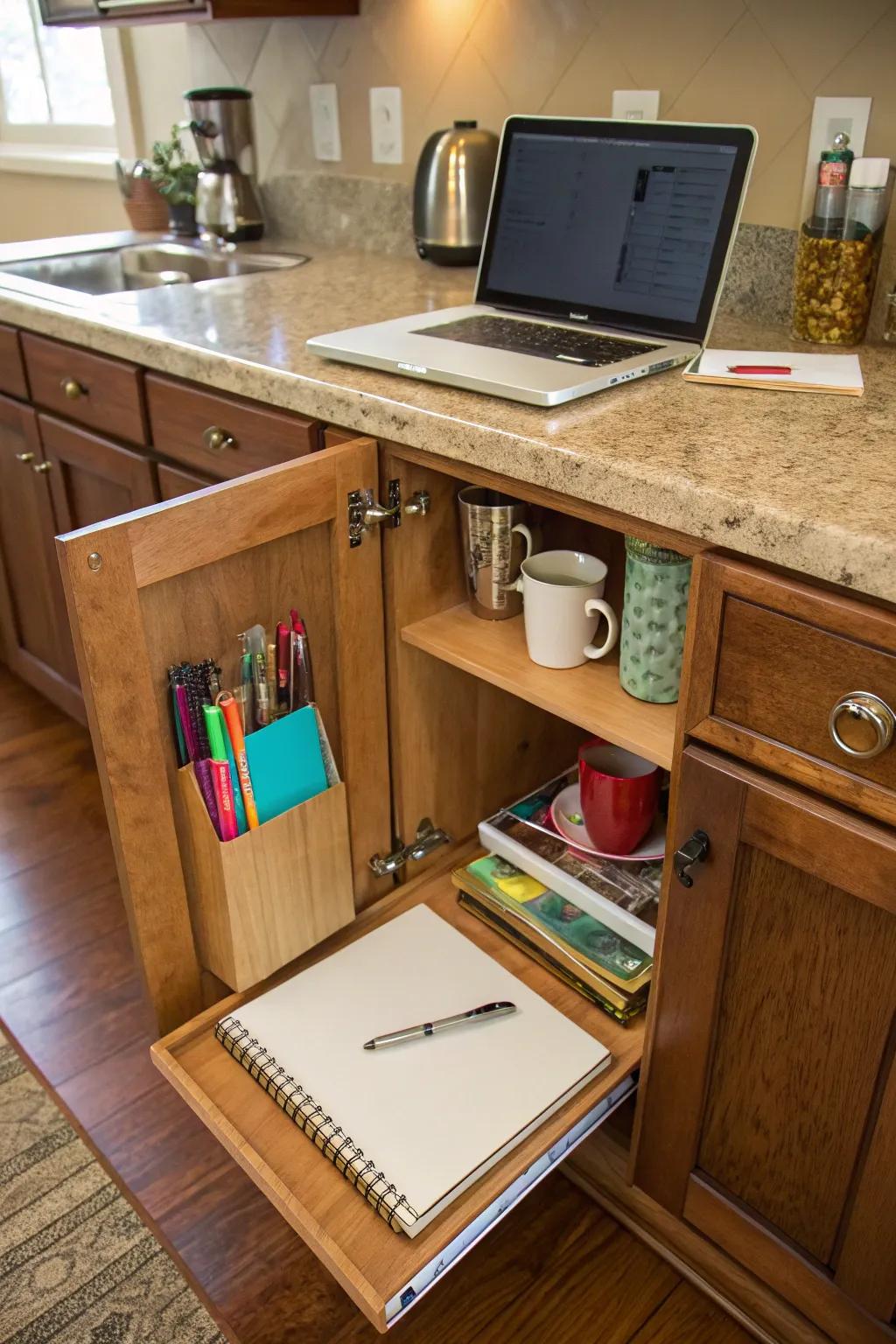 A concealed desk meticulously incorporated within kitchen cabinets.