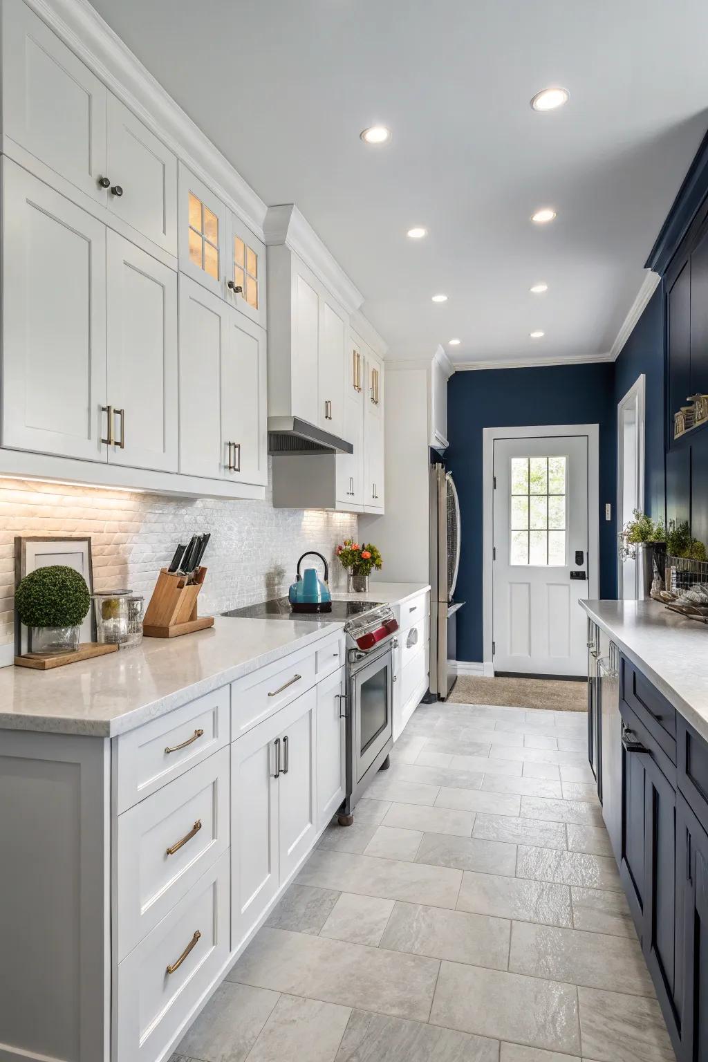 Deep sapphire walls provide a striking contrast to white cabinets.