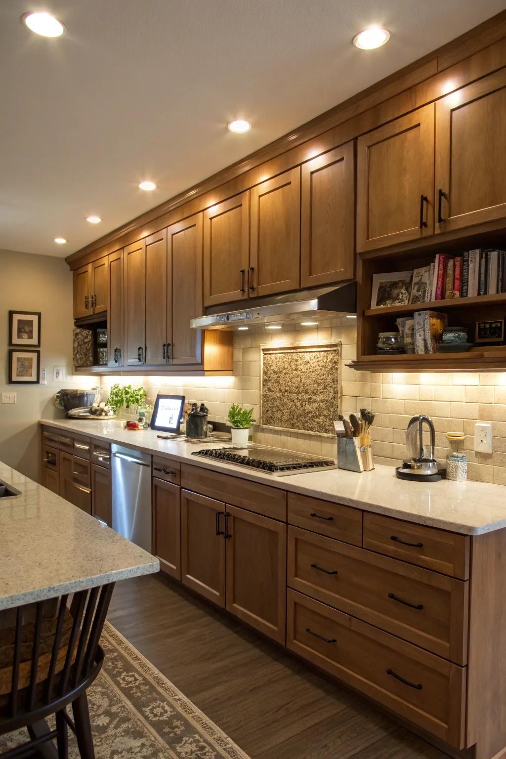Task lighting in bulkheads ensures practicality and efficiency.