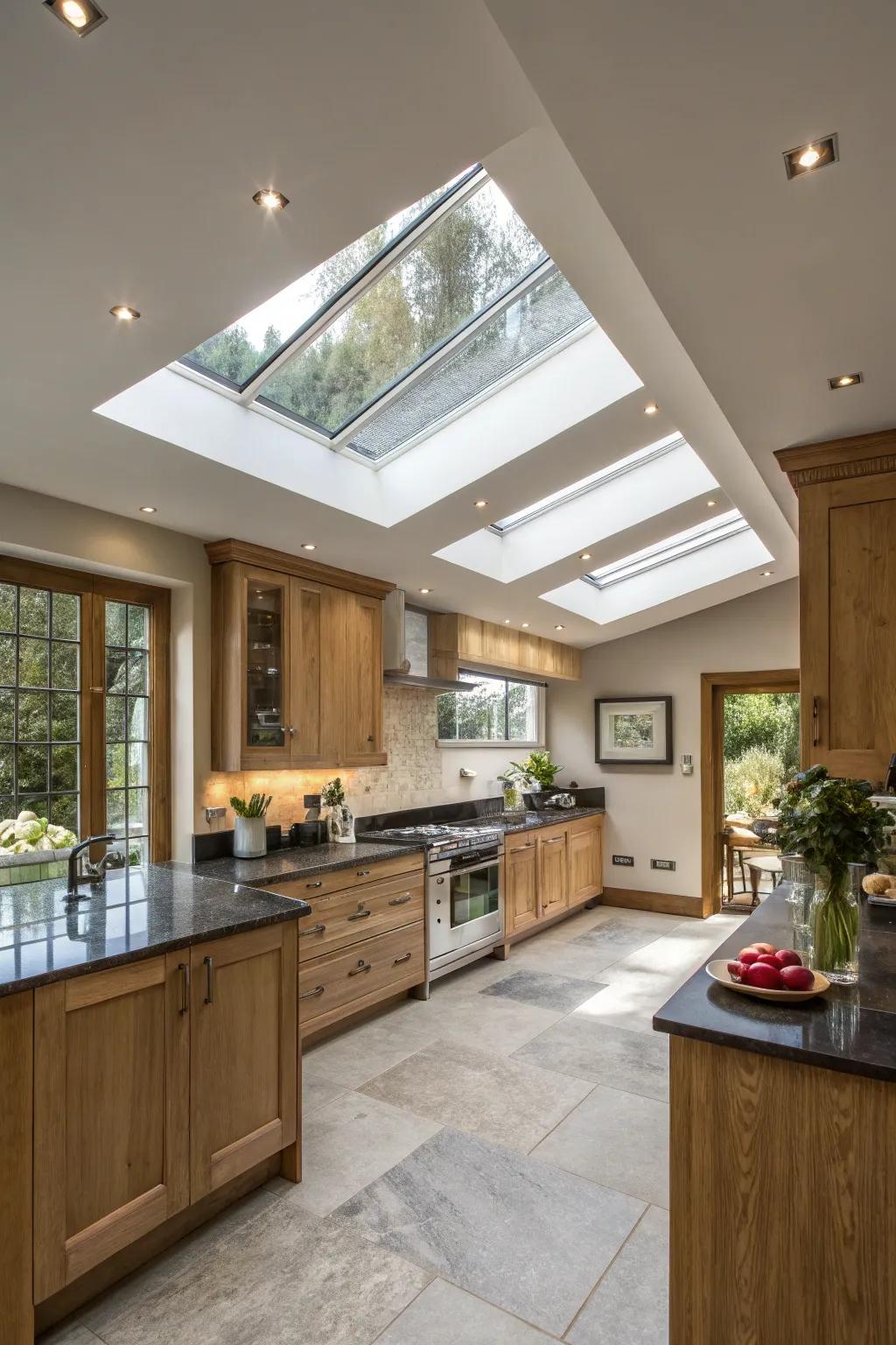 Custom-shaped skylights introduce an artistic dimension to this kitchen.