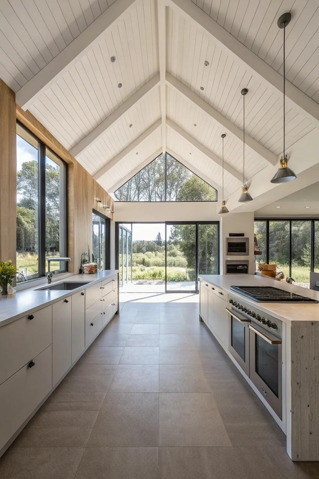 An open layout amplifies the spacious ambiance of this kitchen featuring a vaulted ceiling.