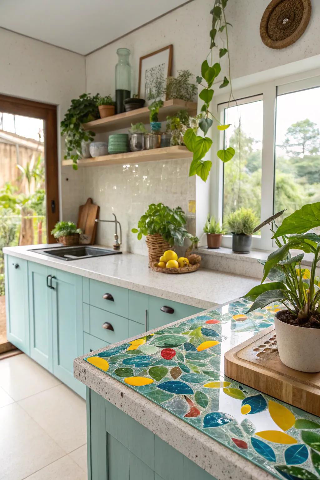 Recycled glass surfaces present an energetic, ecologically mindful alternative.