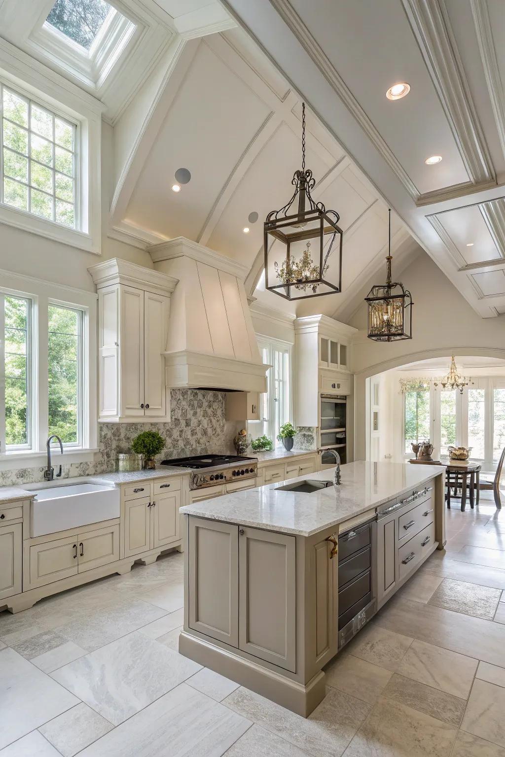 Subtle hues enhance the sophistication and openness of the kitchen's elevated ceilings.