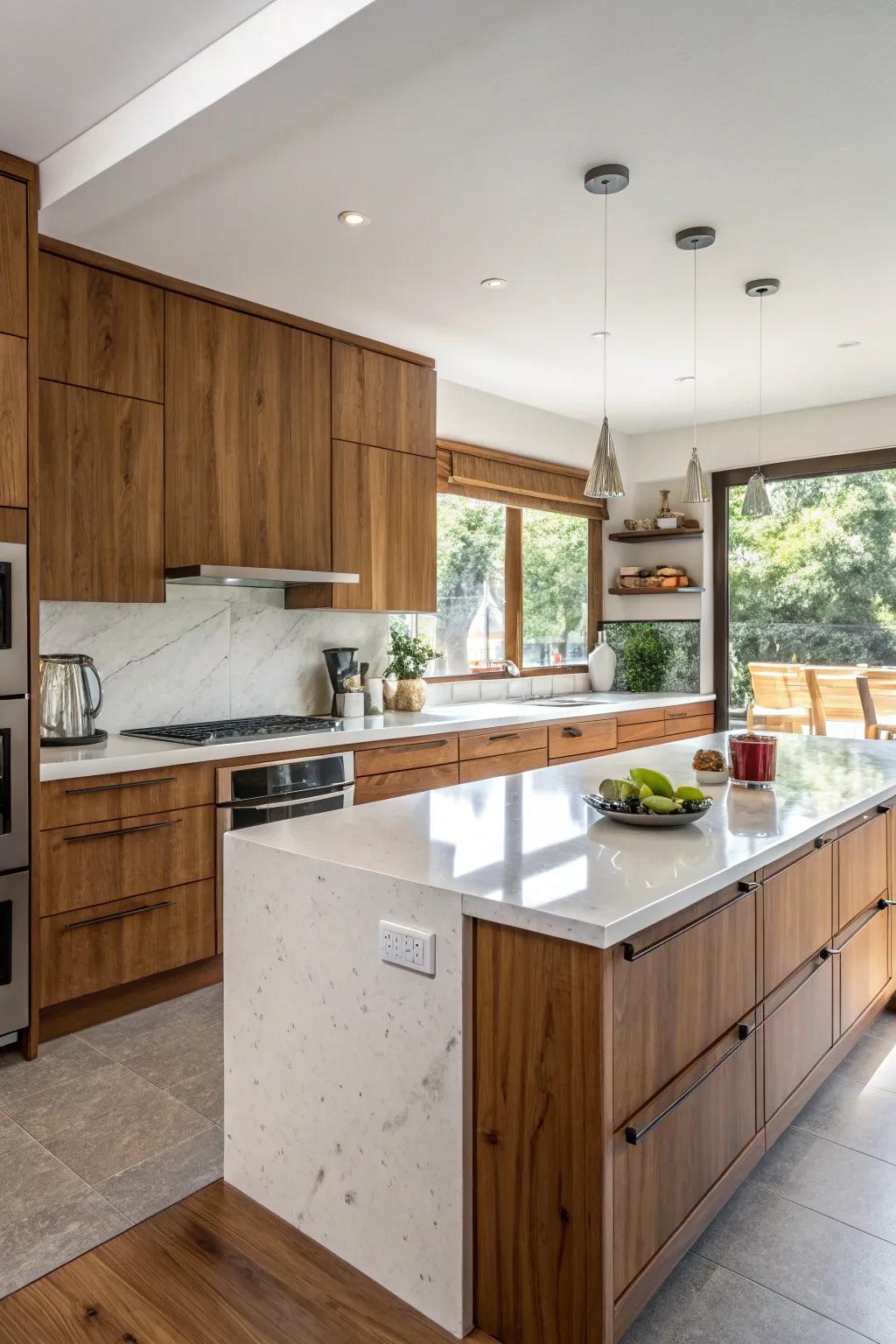 Quartz countertops complemented by the inviting presence of warm wooden accents.