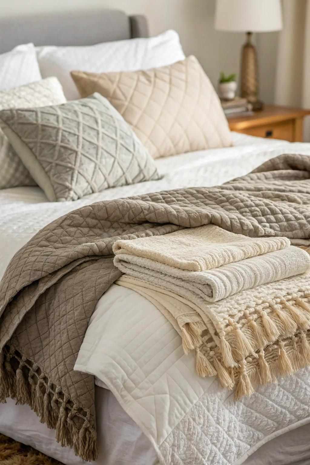 Tactile textiles enhance dimension and comfort in the bedroom.