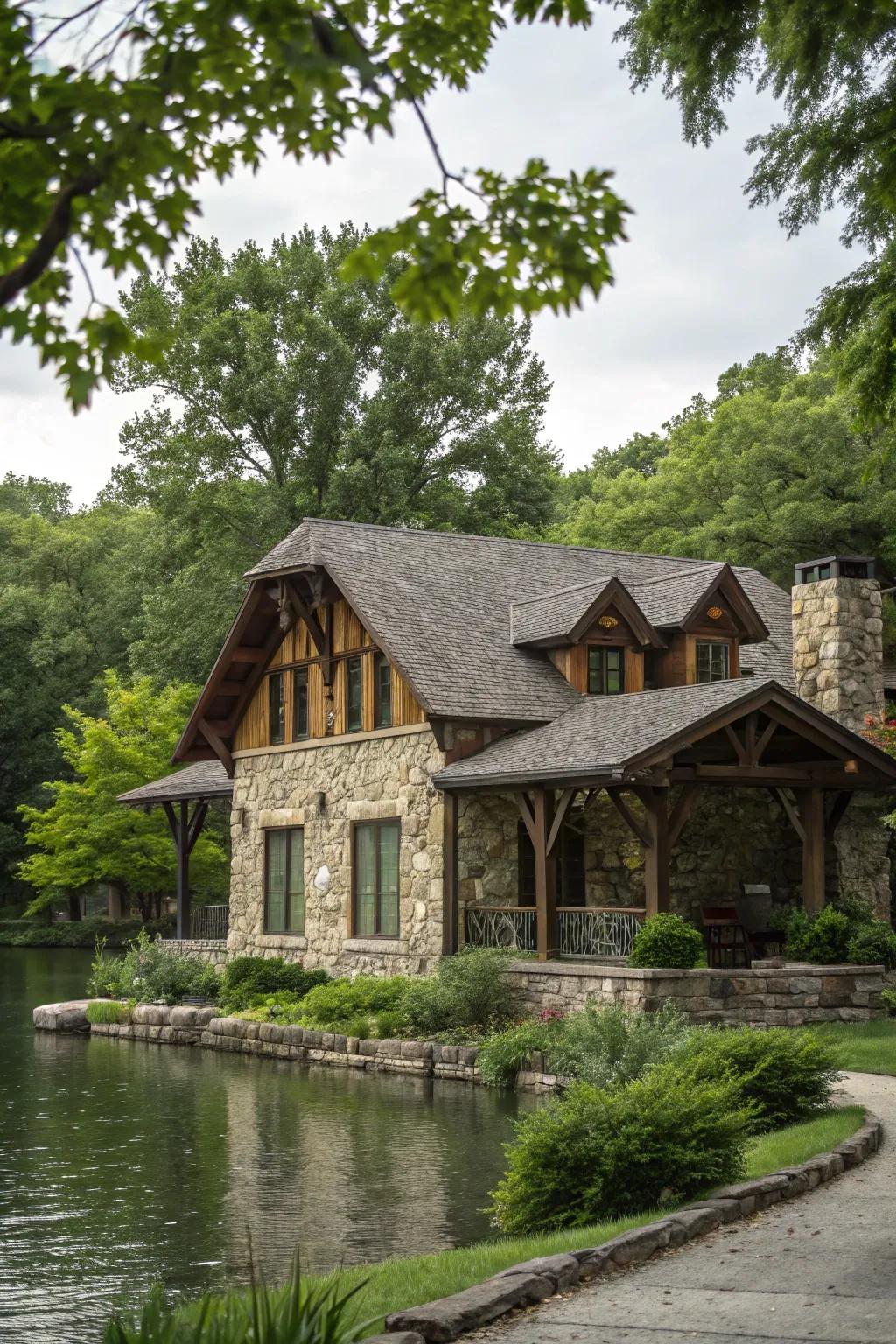 A rustic exterior featuring timber and stone aspects.
