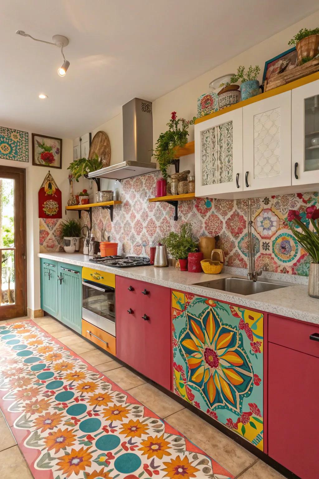 Vivid designs on overlays can evolve your cooking area into an artistic display.