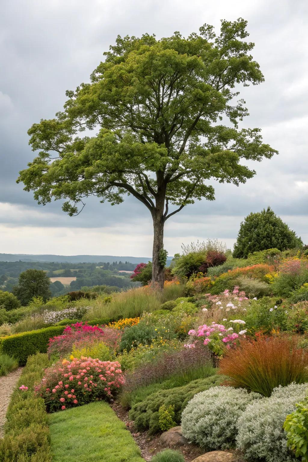 Diverse flora enriches texture and appeal around trees.