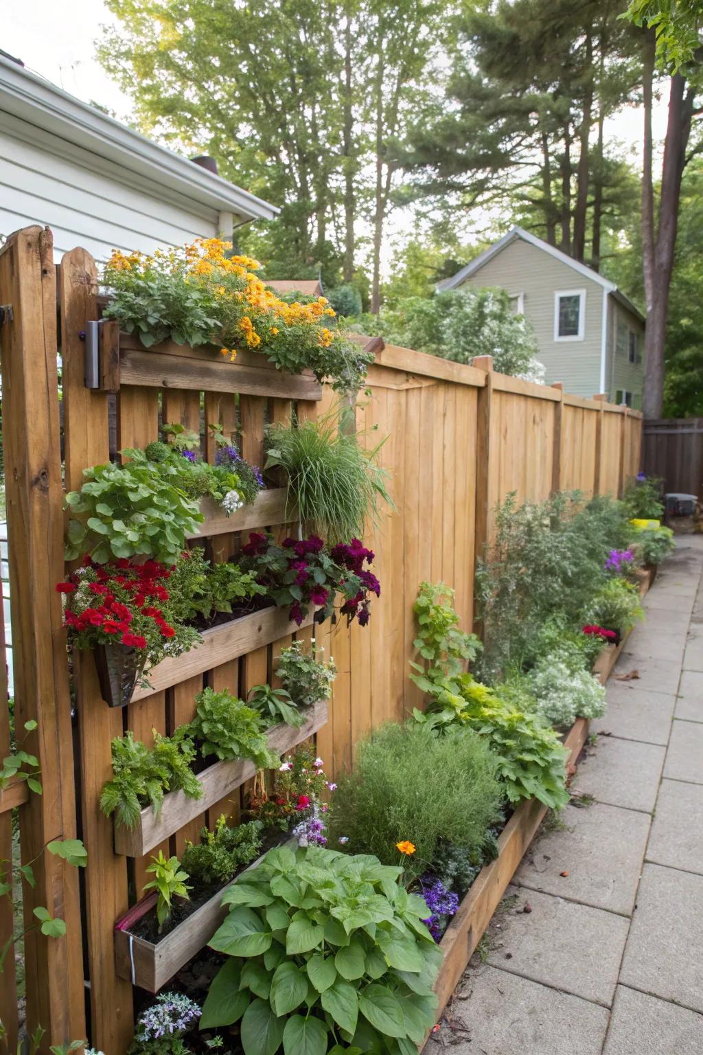 A skyward garden affixed to a fence, showcasing a spectrum of vibrant plants.
