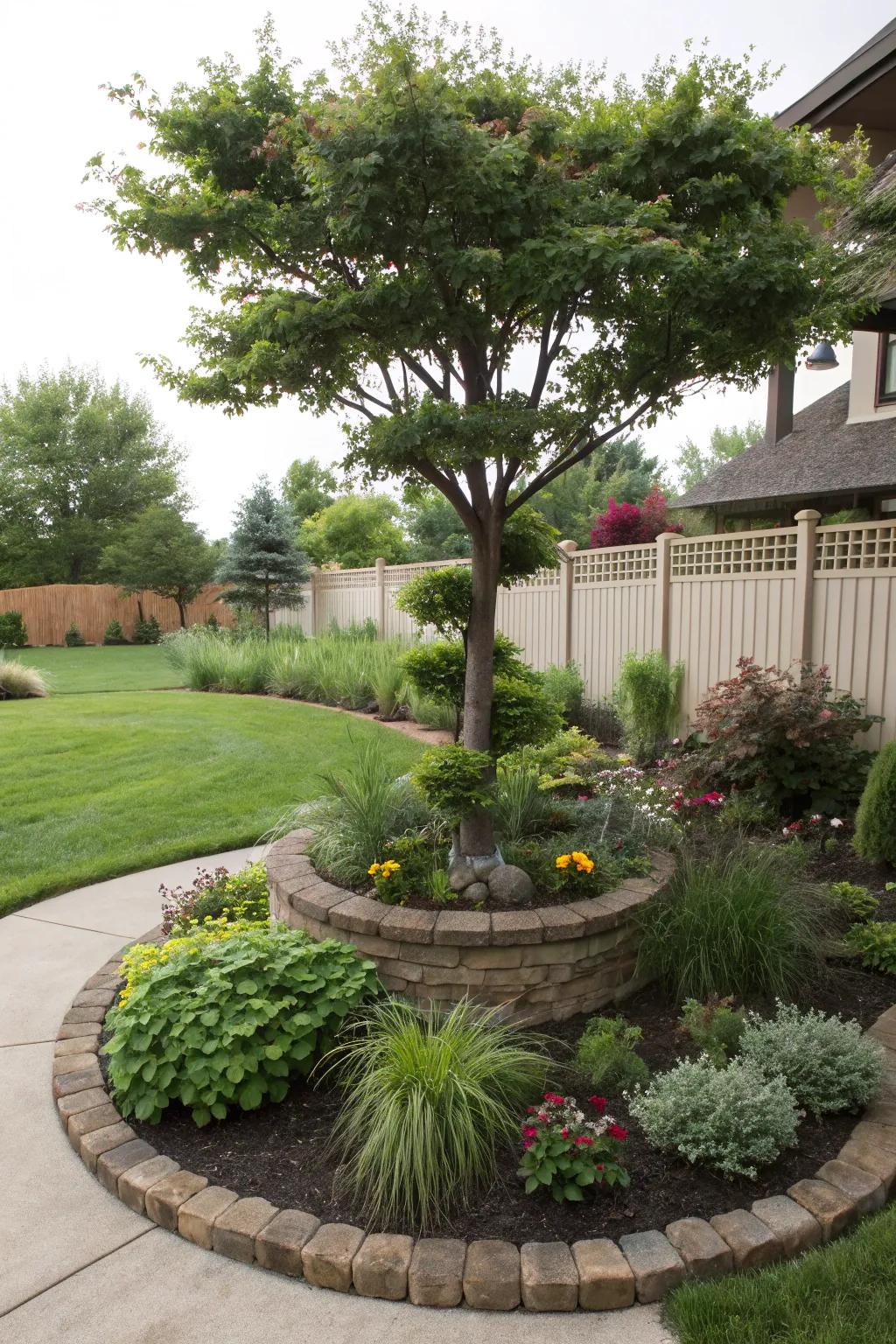 A tree encompassed by tiered planting, creating visual dimension and fascination.