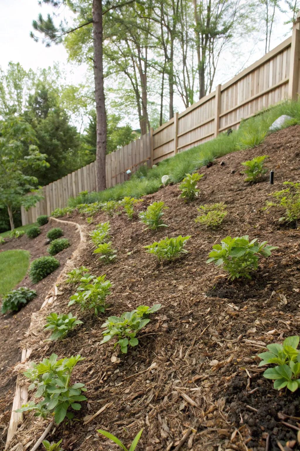 Ground cover enhances texture and minimizes depletion on inclined terrains.