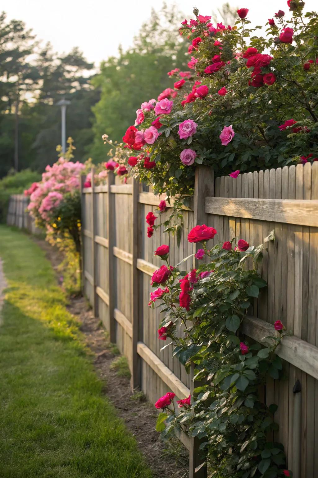 Everbloom roses enhance privacy while adding beauty.