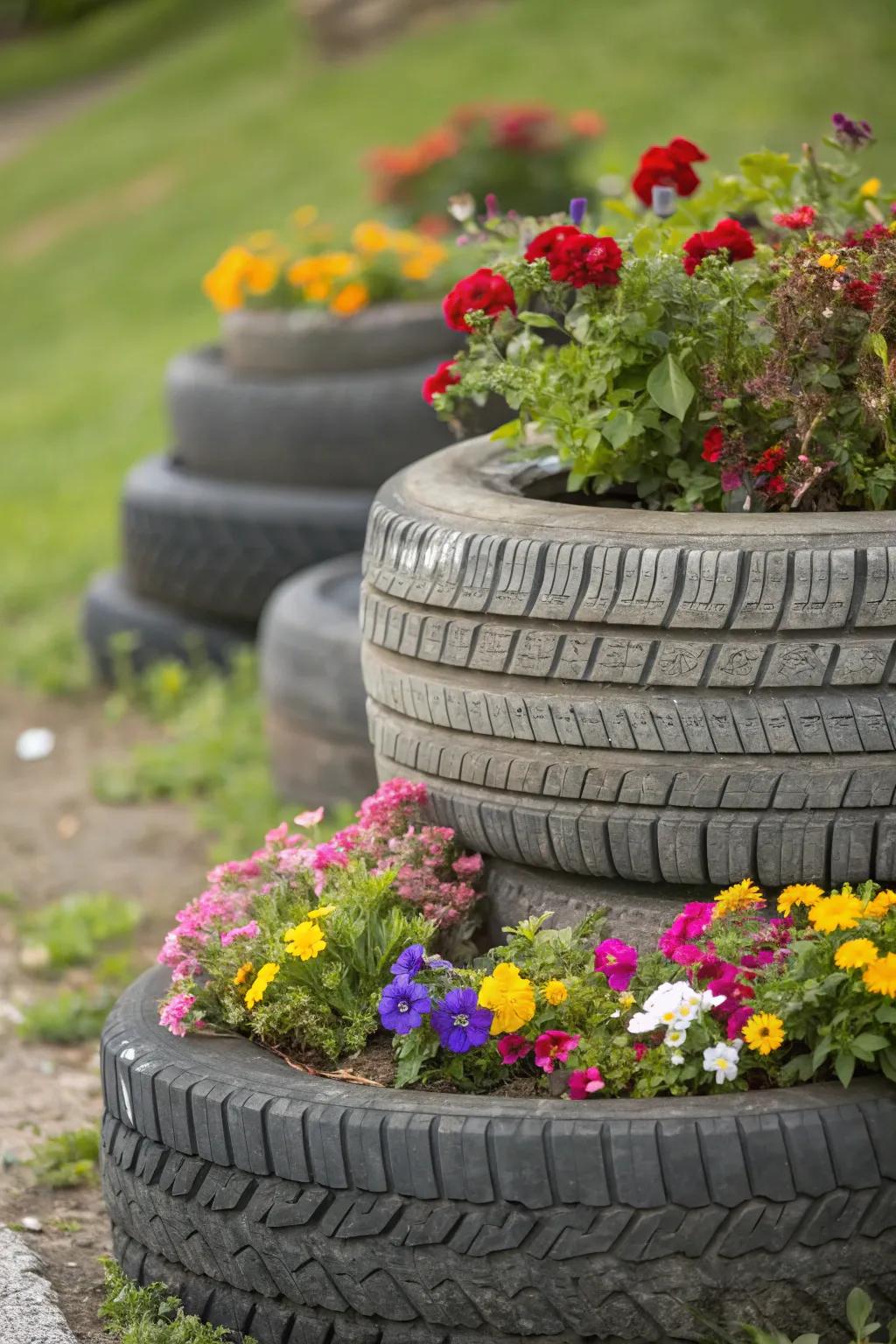 Repurposed rings create an attention-grabbing and sustainable raised bed.