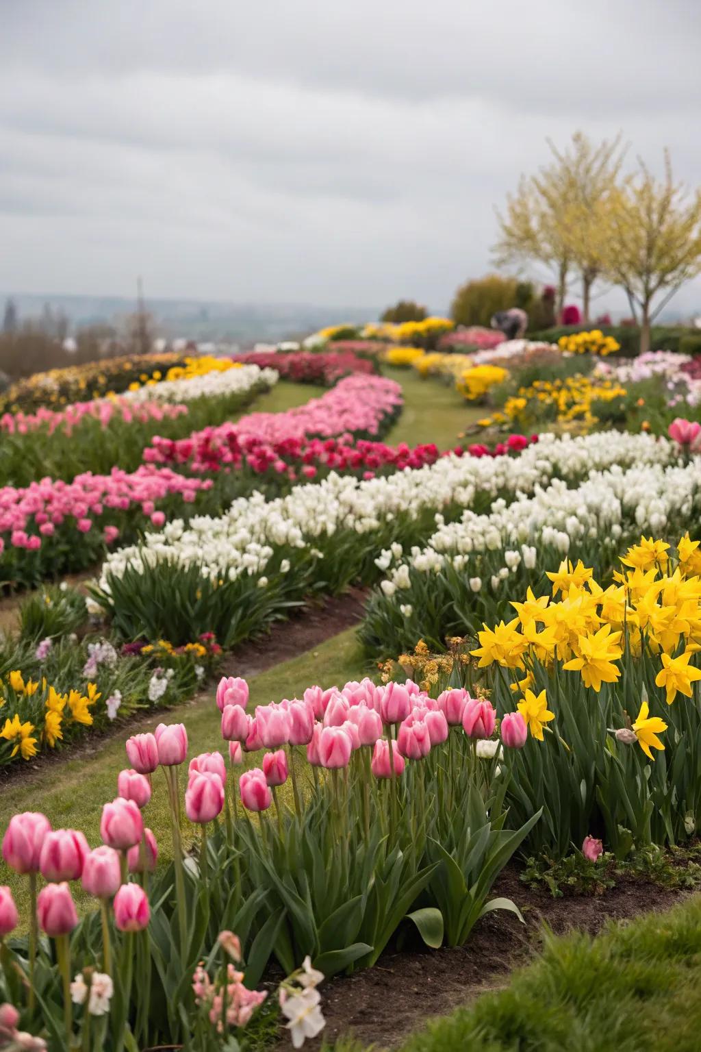 Tiered blossom beds with an amalgamation of tulips, daffodils, and additional springtime flowers.