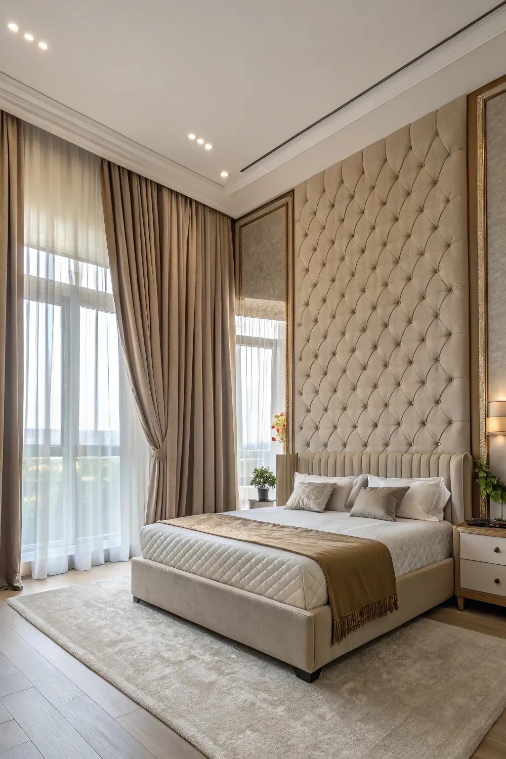 Vertical design aspects amplify the spacious essence of this expansive bedroom.