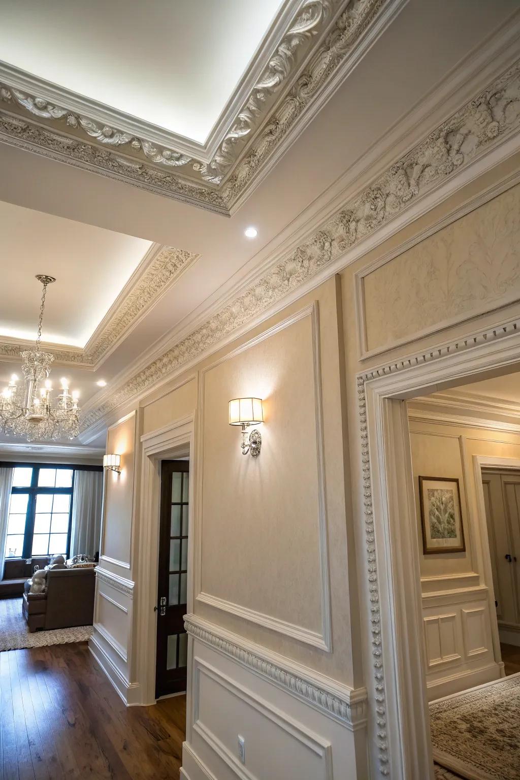 A chamber exemplifying the manner in which expansive crown molding facilitates an uninterrupted transition between partition and ceiling.