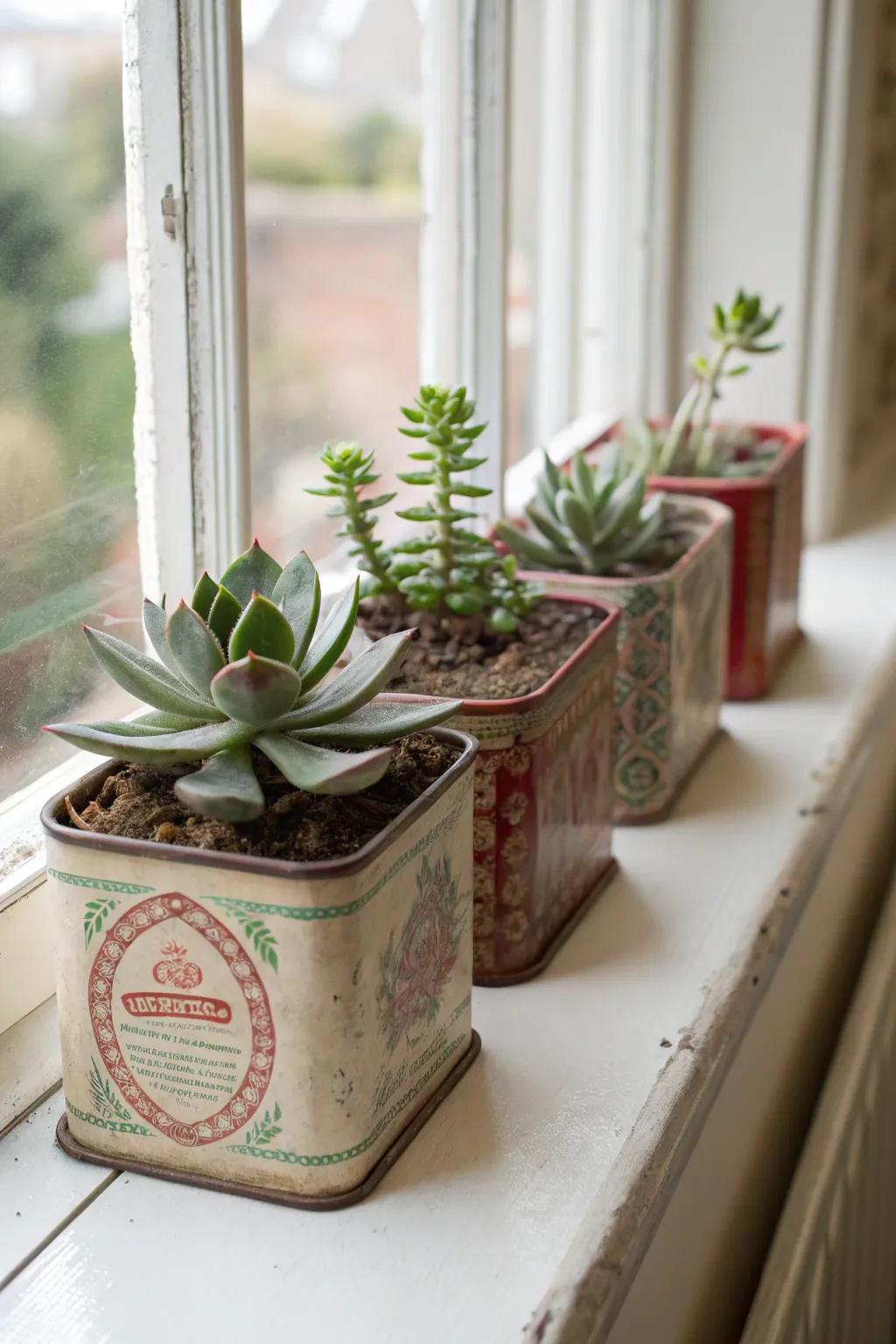 Charming vintage tea canisters repurposed as succulent planting pots.