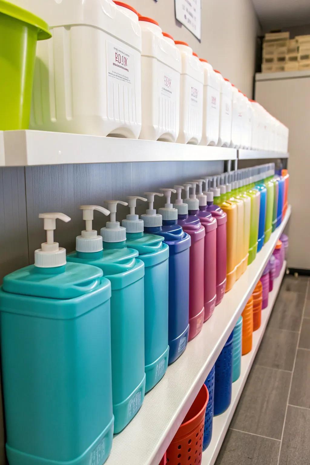 Harmonized dispensers foster a balanced laundry space.