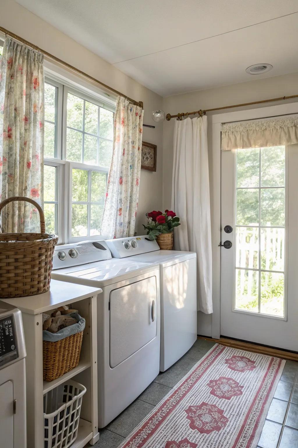 Cafe curtains bring a touch of casual charm to any laundry room.