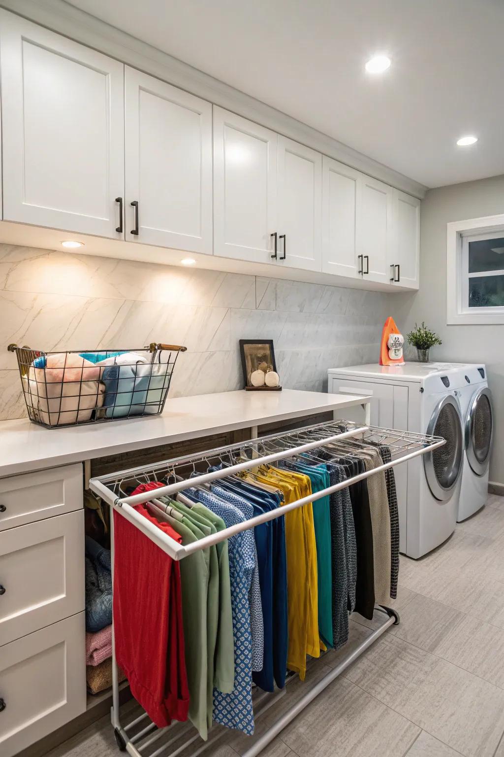 Integrated drying systems cleverly situated beneath a laundry area's surface.