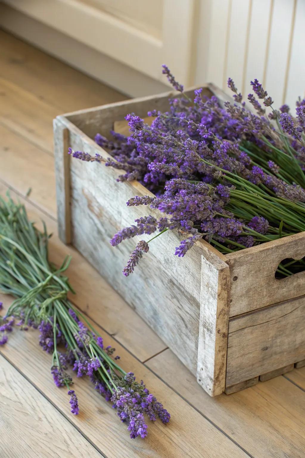 Earthy grace: a timber container brimming with lavender.