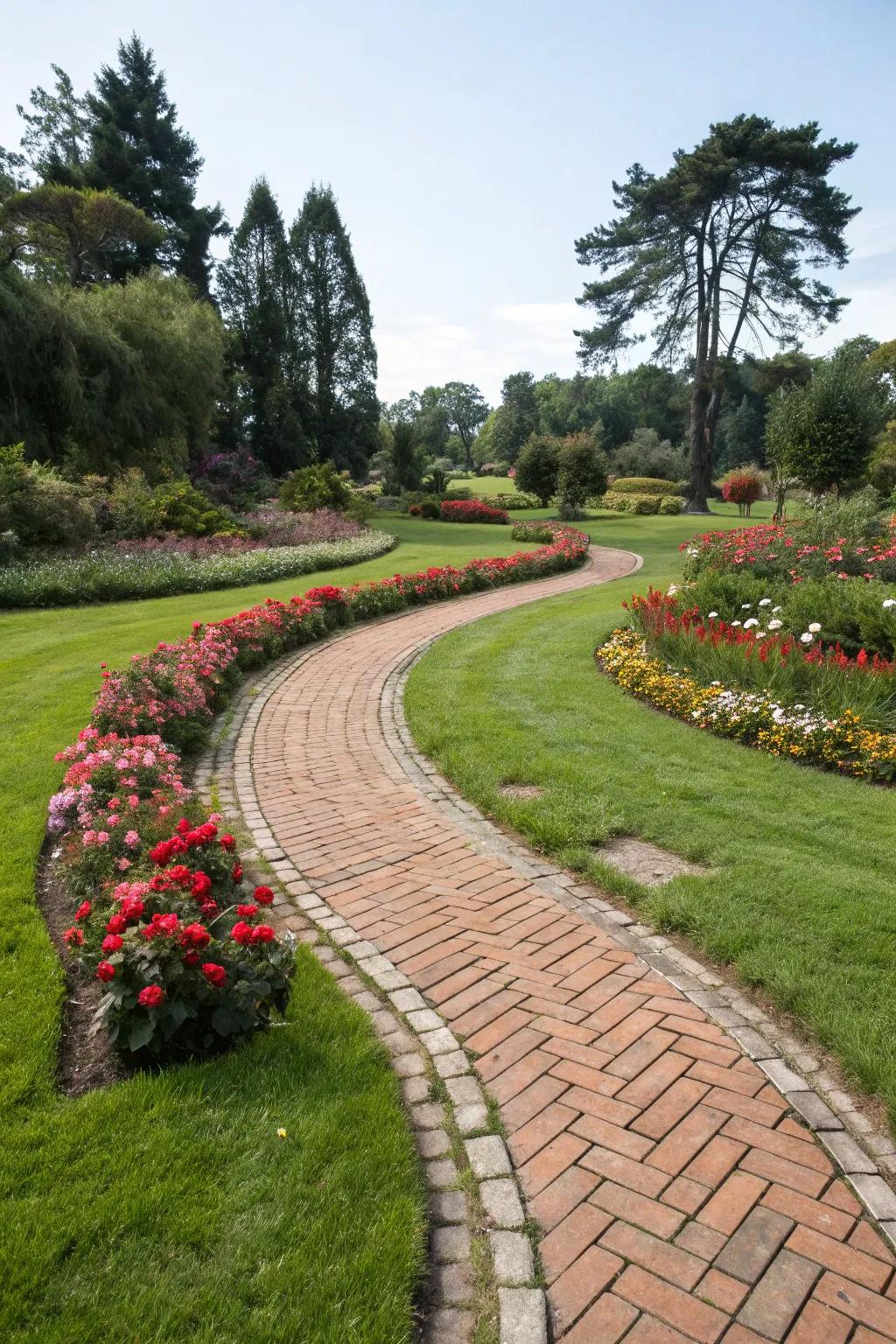An enchanting brick route winding through a lush garden.