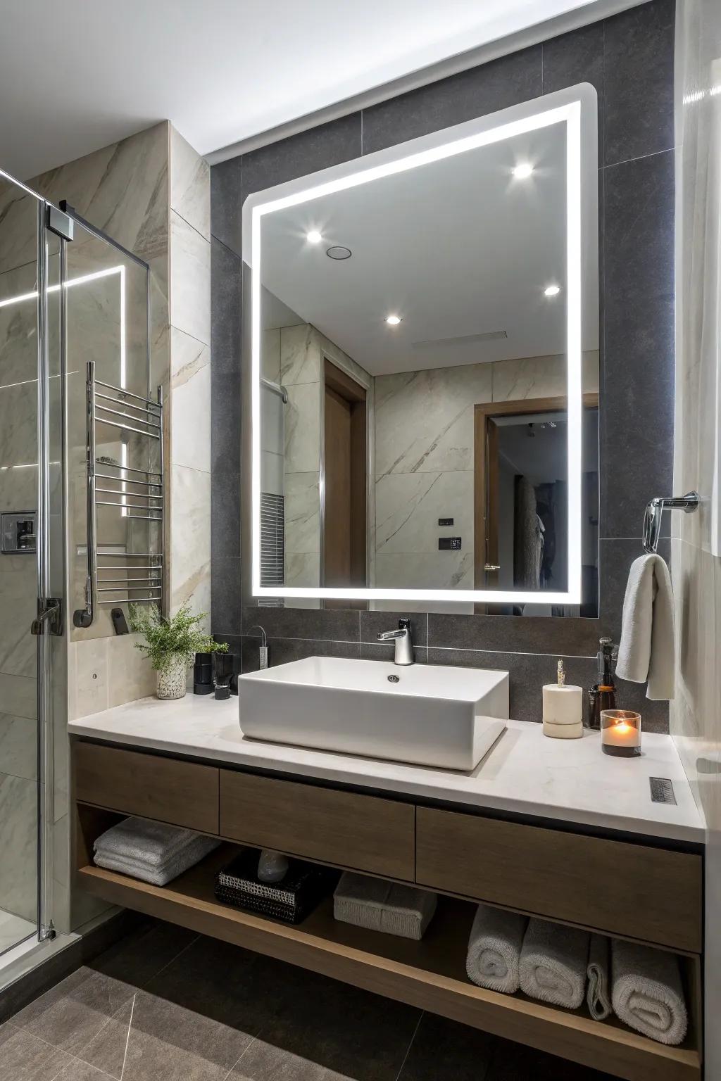 A rectangular LED mirror contributes to the modern appeal of the bathroom.