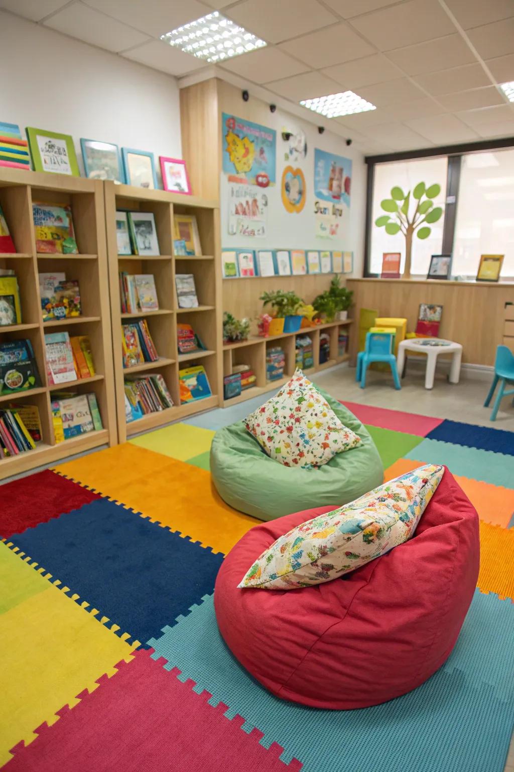 A lively children's reading space featuring bright, appropriately scaled furniture.