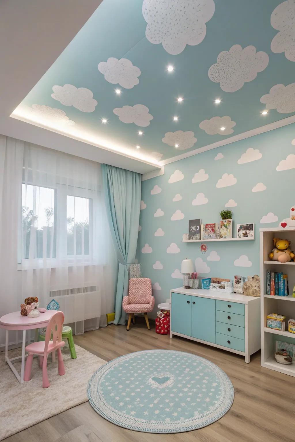 A playful child’s space featuring a sky-blue overhead surface adorned via cumulus formations.