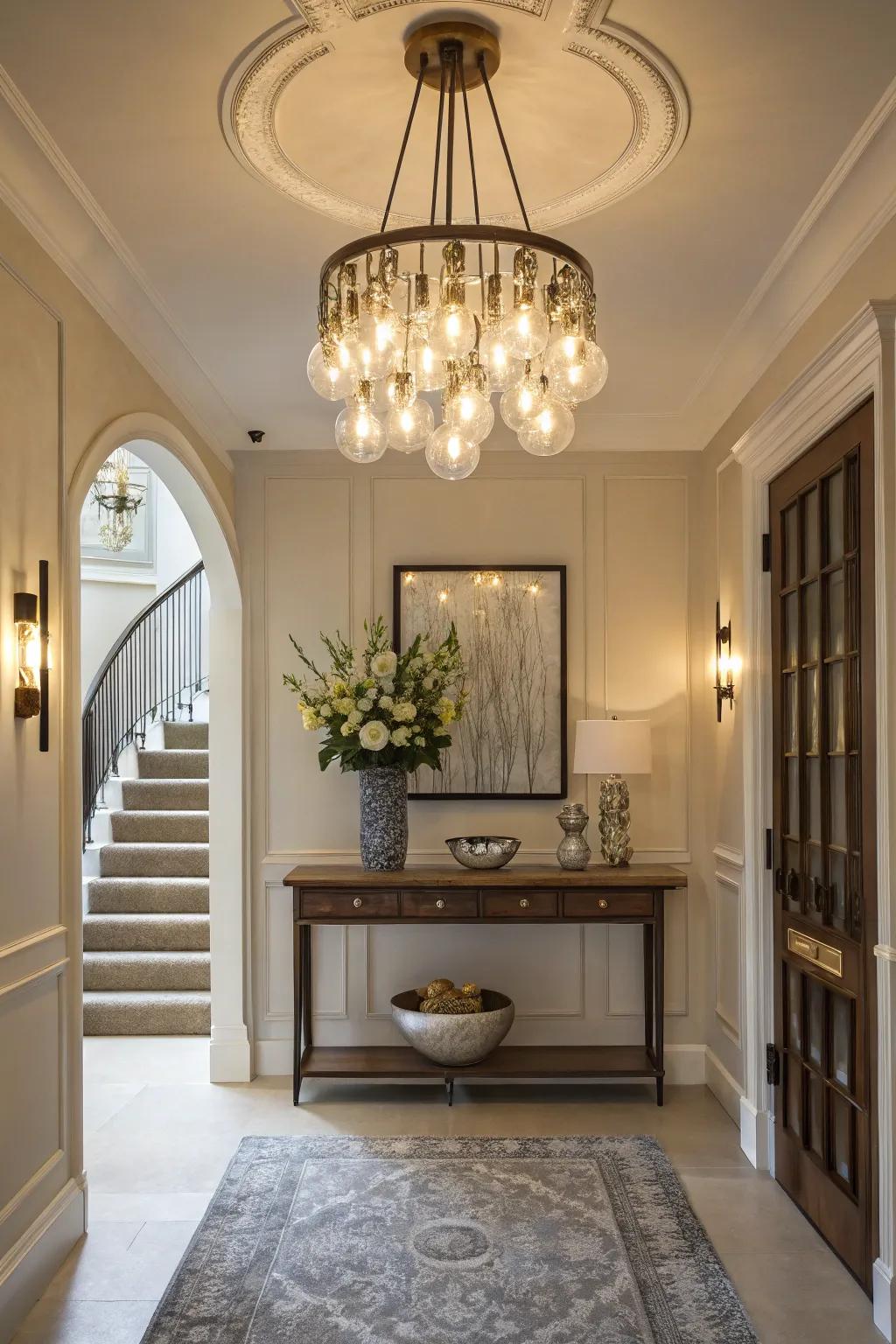 A striking statement is made in your entranceway by gathered lights.