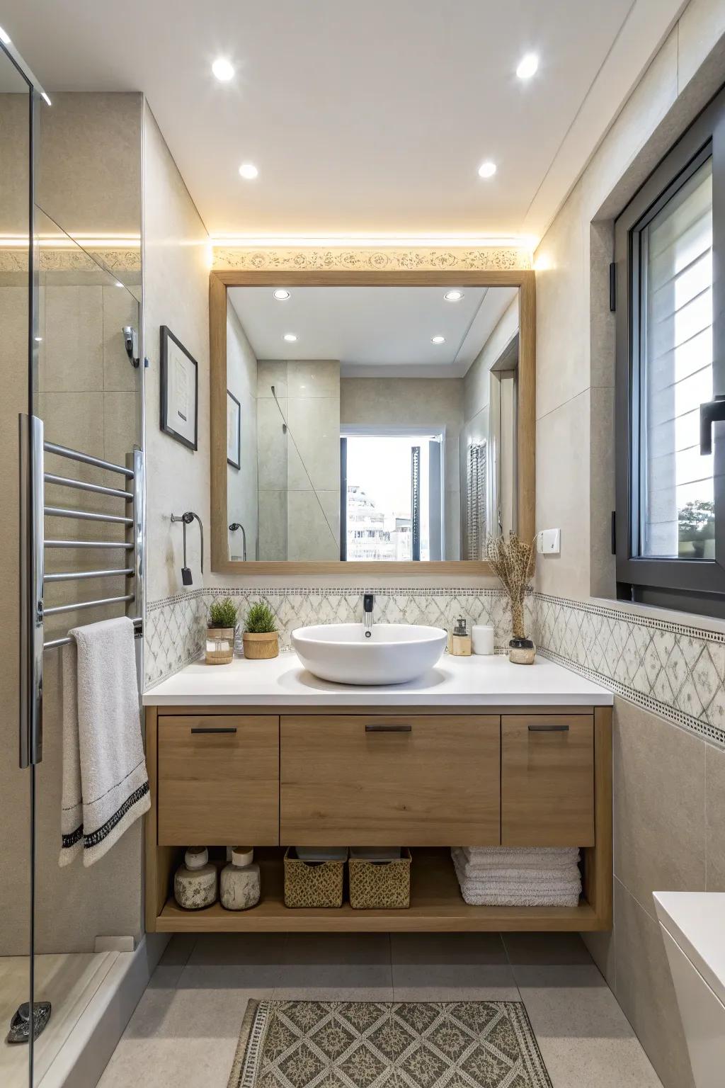 A large mirror amplifies the space in a compact bathroom.