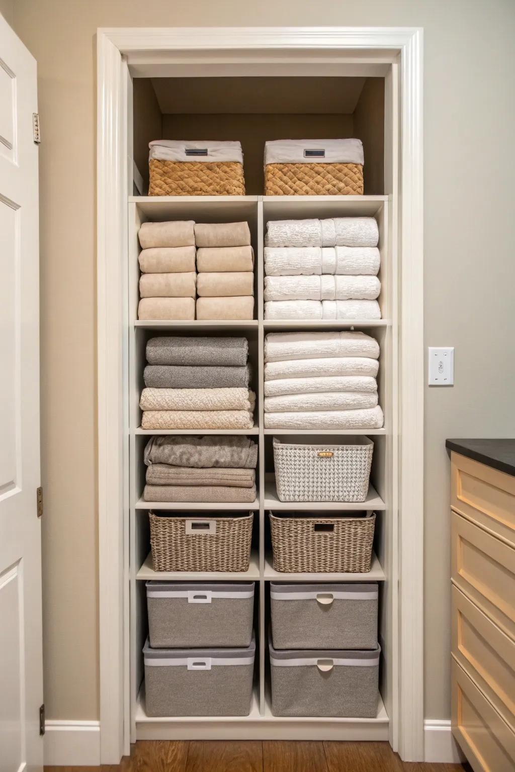 Utilizing vertical space optimizes storage within a linen closet.