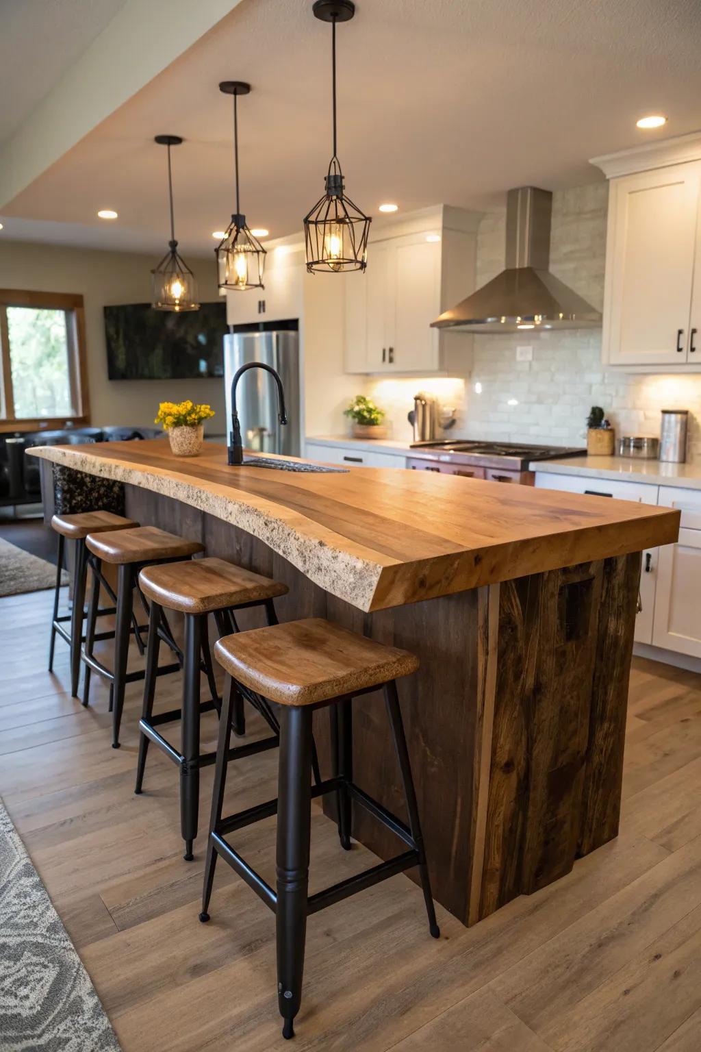 An engaging kitchen island featuring a live edge countertop that is ideal for social gatherings.